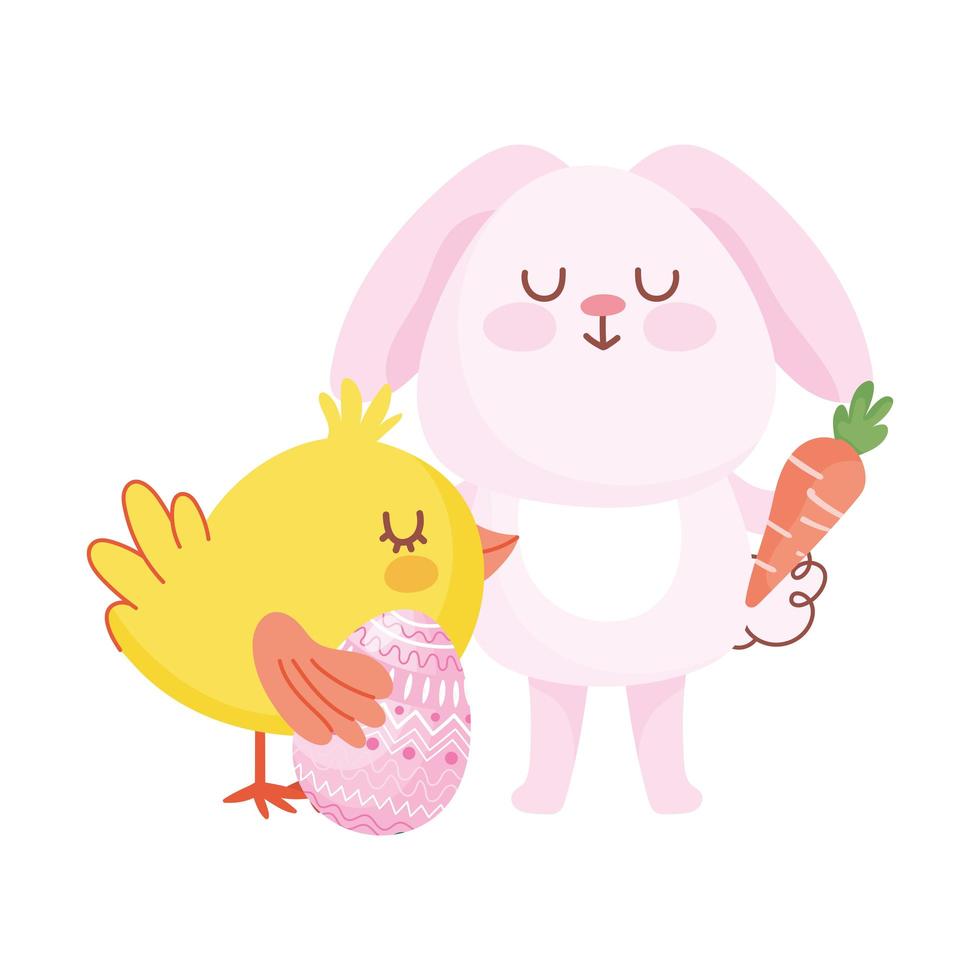 Feliz Páscoa coelhinho rosa com desenho de ovo e cenoura vetor
