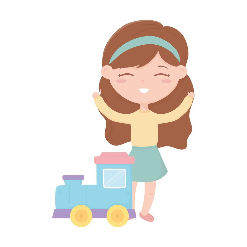 zona infantil, menina bonitinha com desenho animado de trem de brinquedos vetor