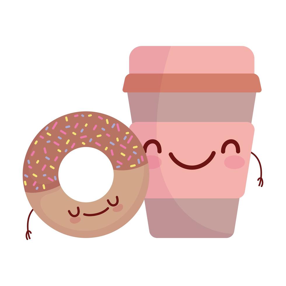 donut e xícara de café menu personagem cartoon comida fofa vetor