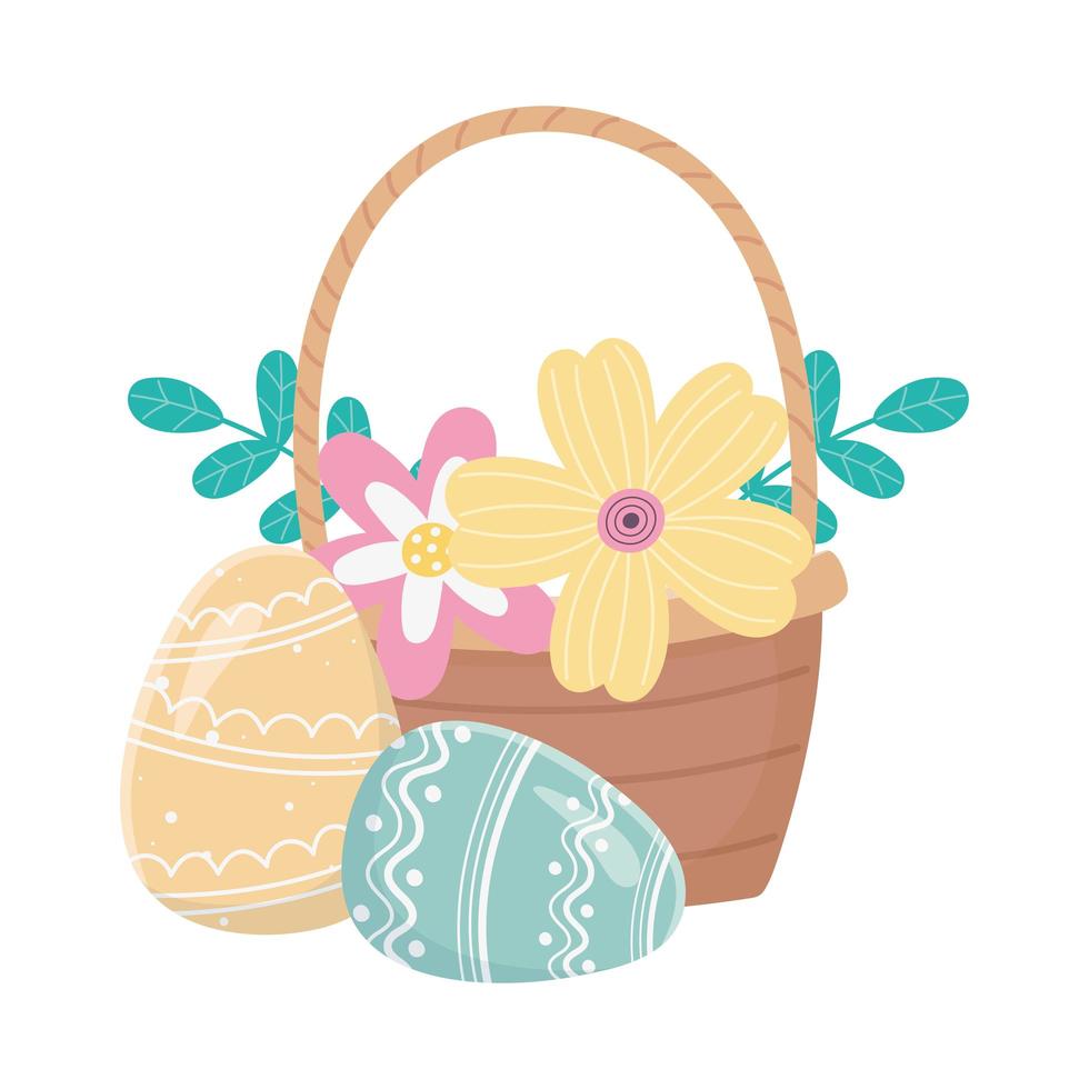 feliz dia de páscoa, cesta de ovos, flores, folhagem vetor