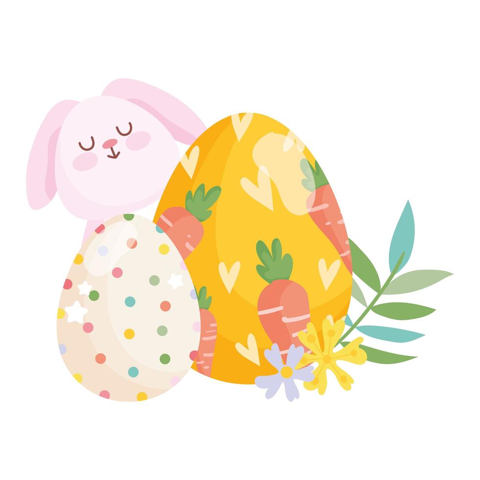 ovo de coelhinho da Páscoa feliz pintado com cenouras e decoração com flores de ovo vetor