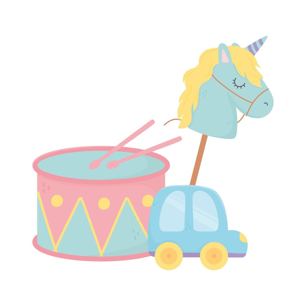 zona infantil, brinquedos de tambor cavalo em vara e desenho de carro vetor