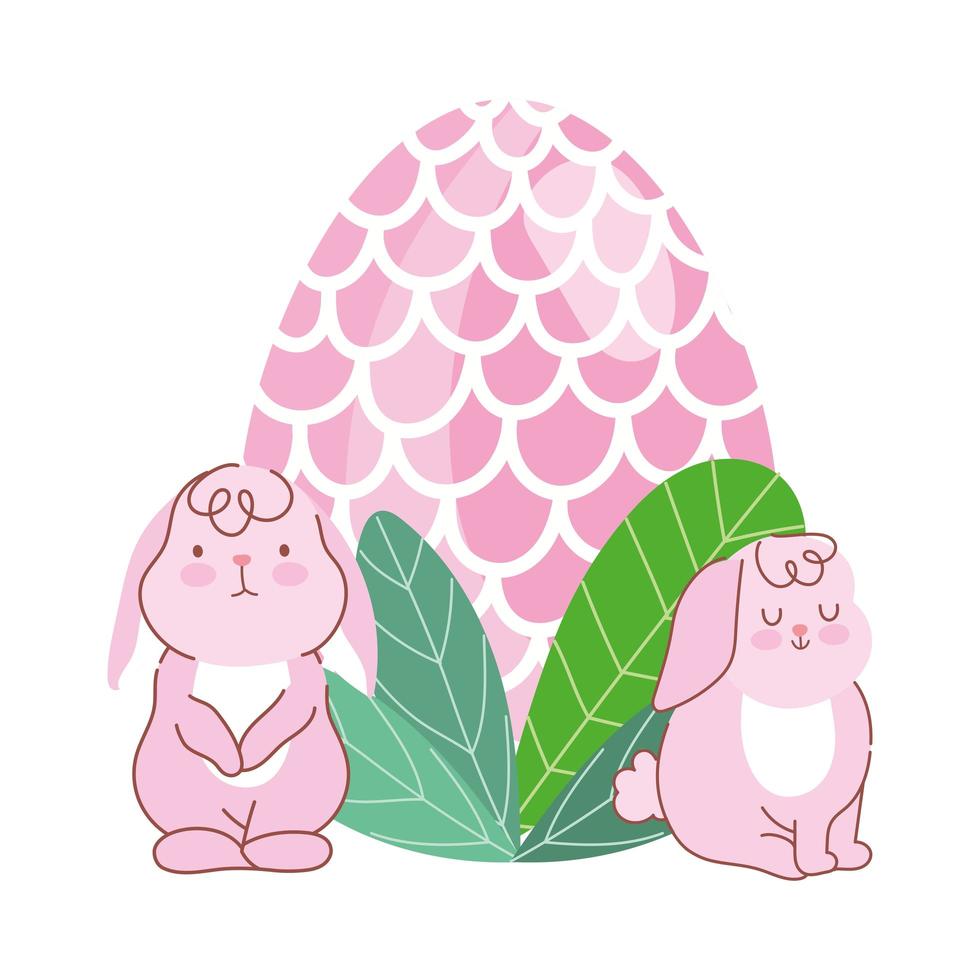 Feliz Páscoa Coelhos rosa fofos com decoração de folhagem de ovo vetor