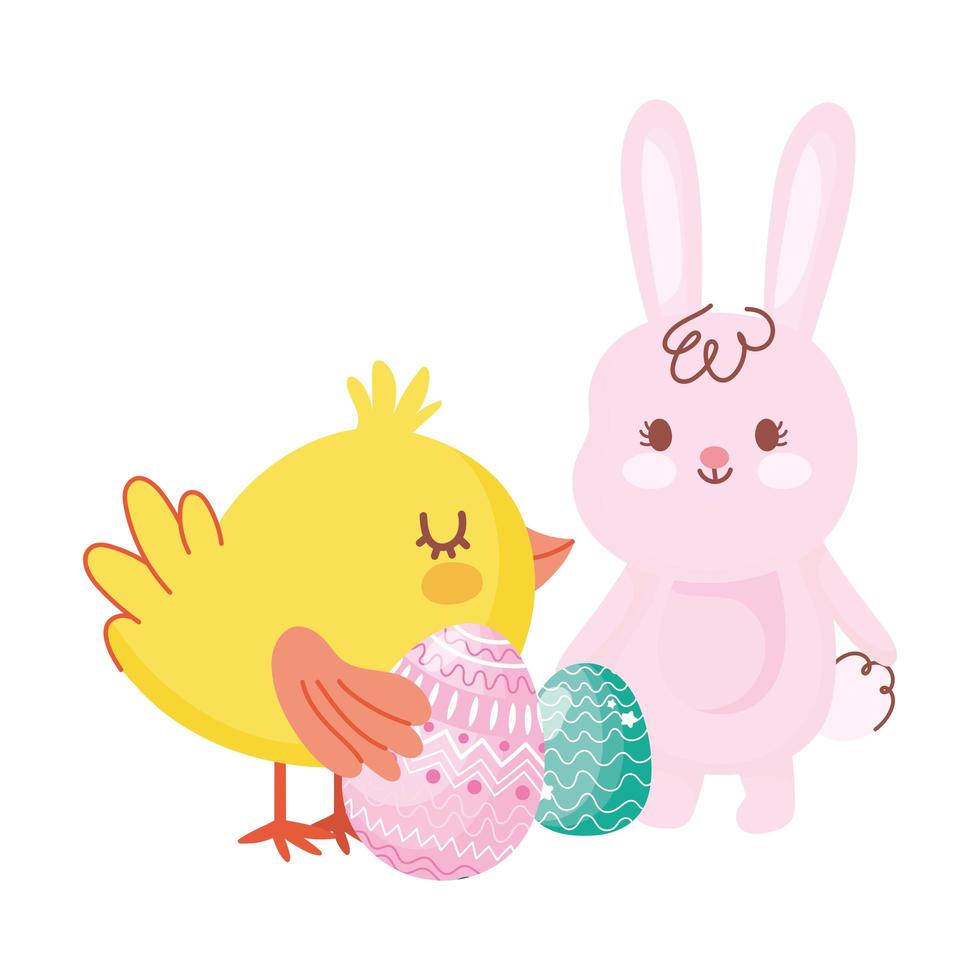 Feliz Páscoa coelho e frango com desenho de ovos vetor