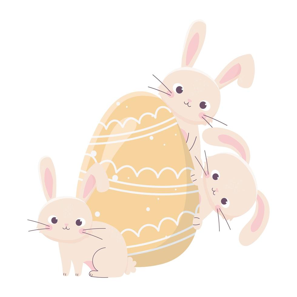 feliz dia de Páscoa, coelhos fofos com decoração de ovos pintados vetor