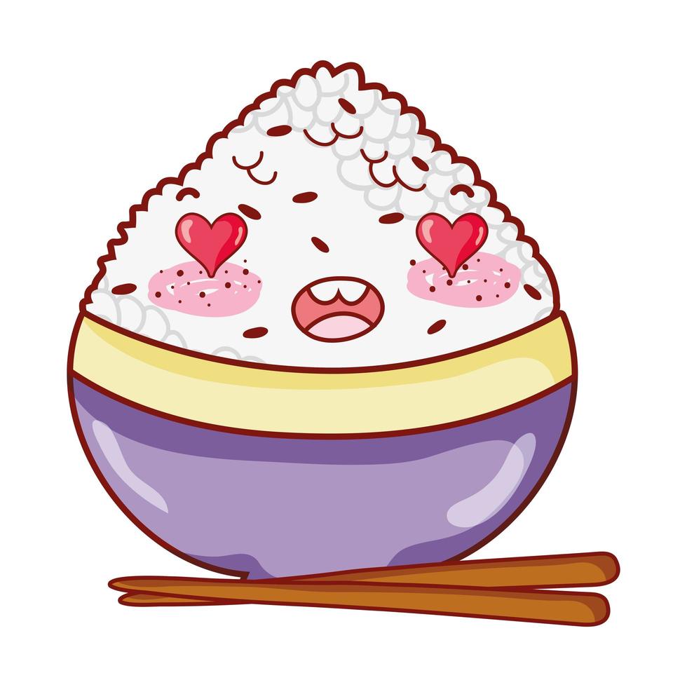 kawaii adorável arroz em tigela comida japonesa cartoon, sushi e pãezinhos vetor