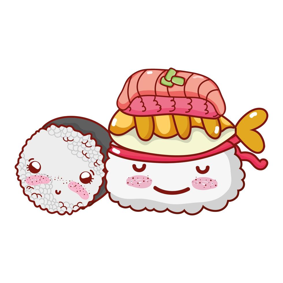 kawaii arroz sushi peixe comida japonesa cartoon, sushi e pãezinhos vetor