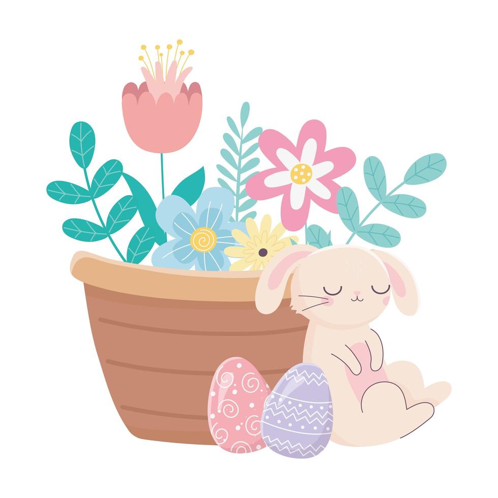 feliz dia de Páscoa, cesta de ovos de coelho dormindo com decoração de flores vetor