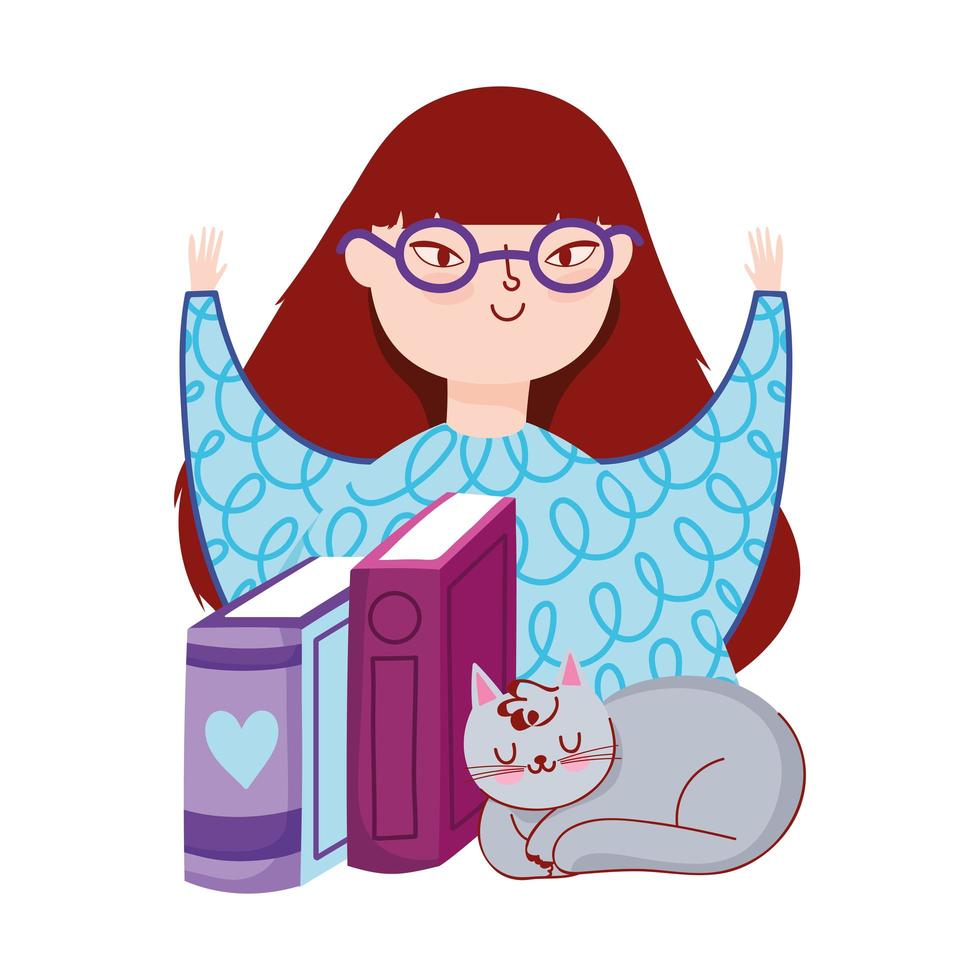 jovem mulher com óculos, livros e gato cinza, livro o dia vetor