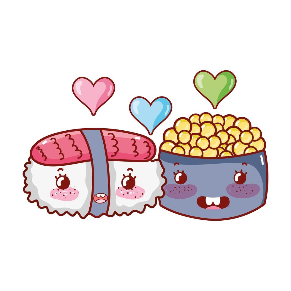 sushi kawaii e caviar adoram comida japonesa cartoon, sushi e pãezinhos vetor
