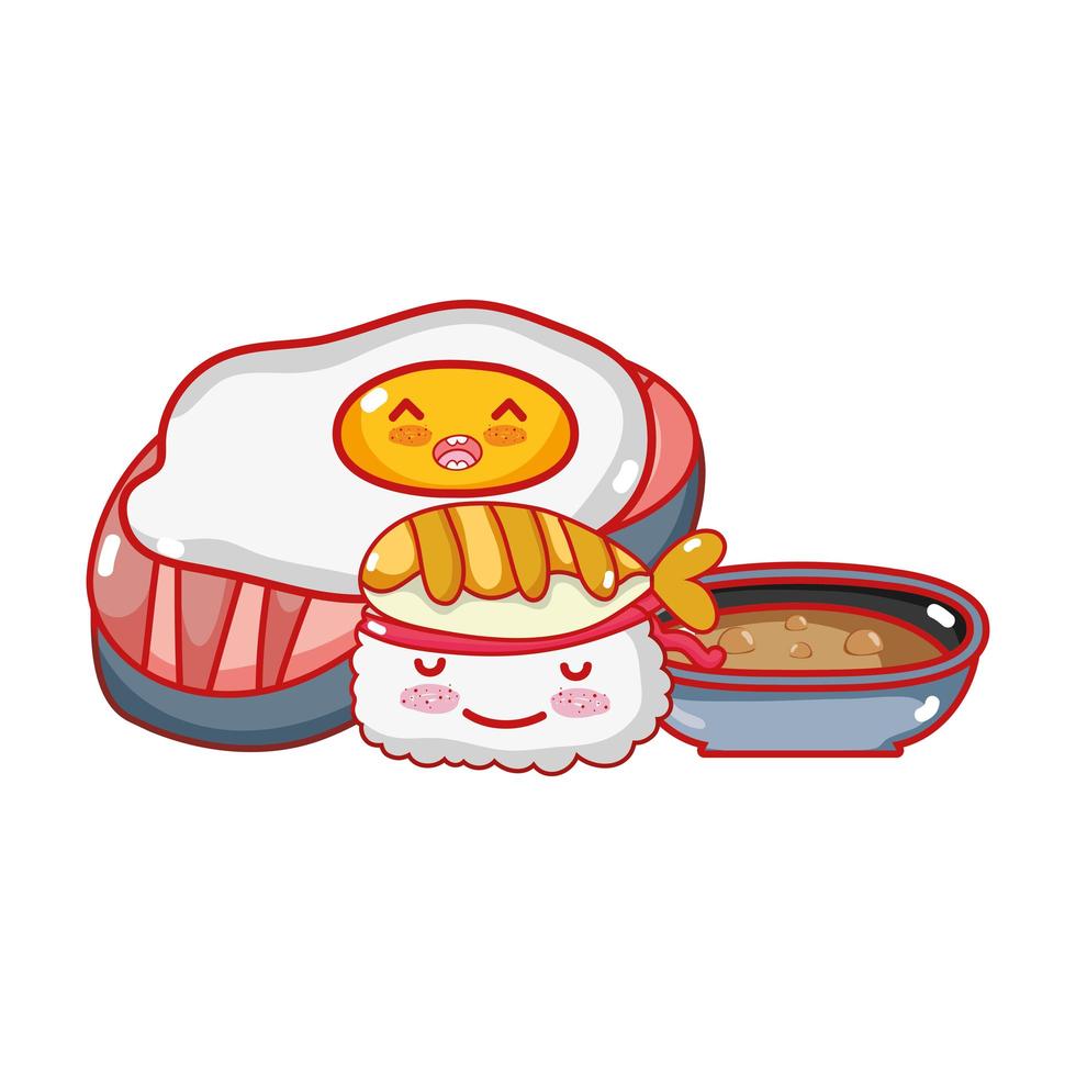 sushi de ovo frito kawaii e comida japonesa cartoon, sushi e pãezinhos vetor