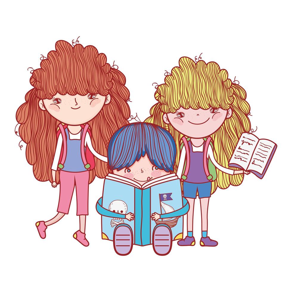 meninas e menino com desenho de livros isolado design vetor