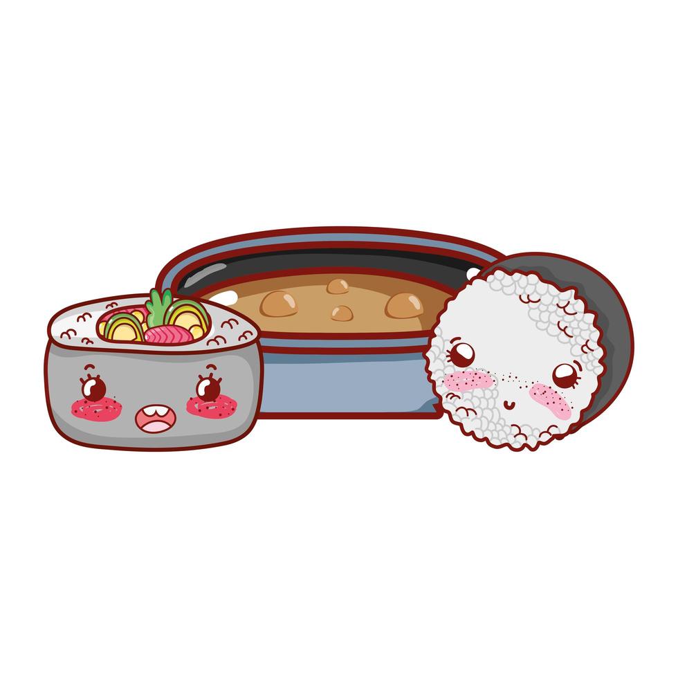 sopa de ramen kawaii e comida de rolo de arroz desenhos animados japoneses, sushi e rolos vetor