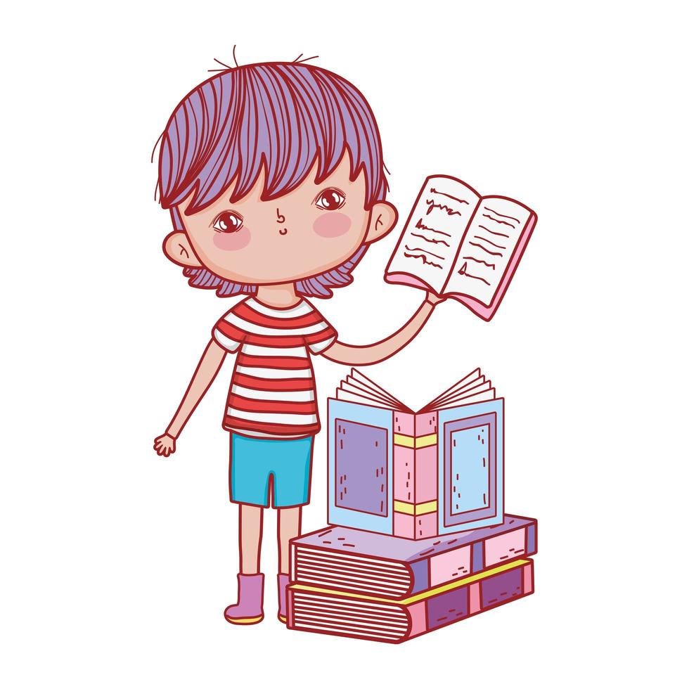 garotinho segurando um livro aberto, livros empilhados, desenho isolado vetor