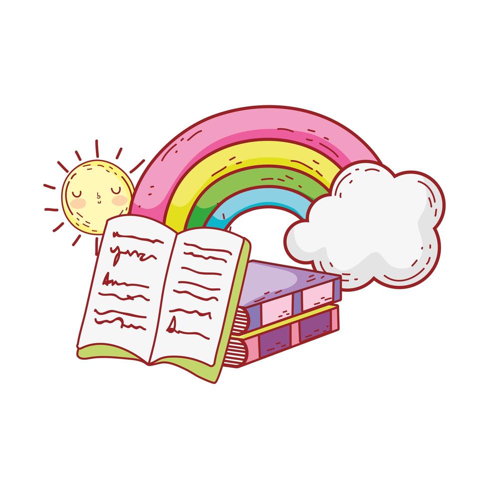 livro aberto livro empilhado desenho animado do sol nuvens arco-íris vetor
