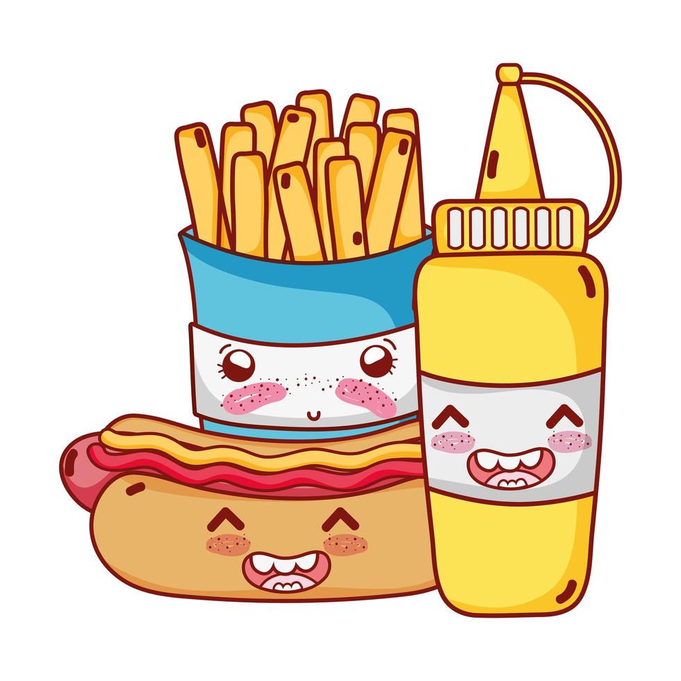fast food fofa batata frita cachorro-quente e mostarda desenho animado vetor