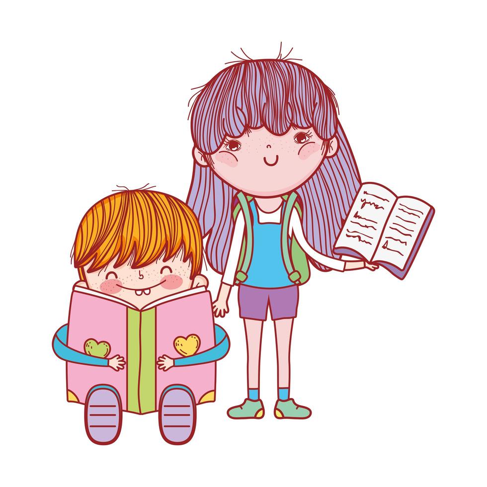 menino bonitinho sentado lendo um livro e uma menina com o livro aberto vetor