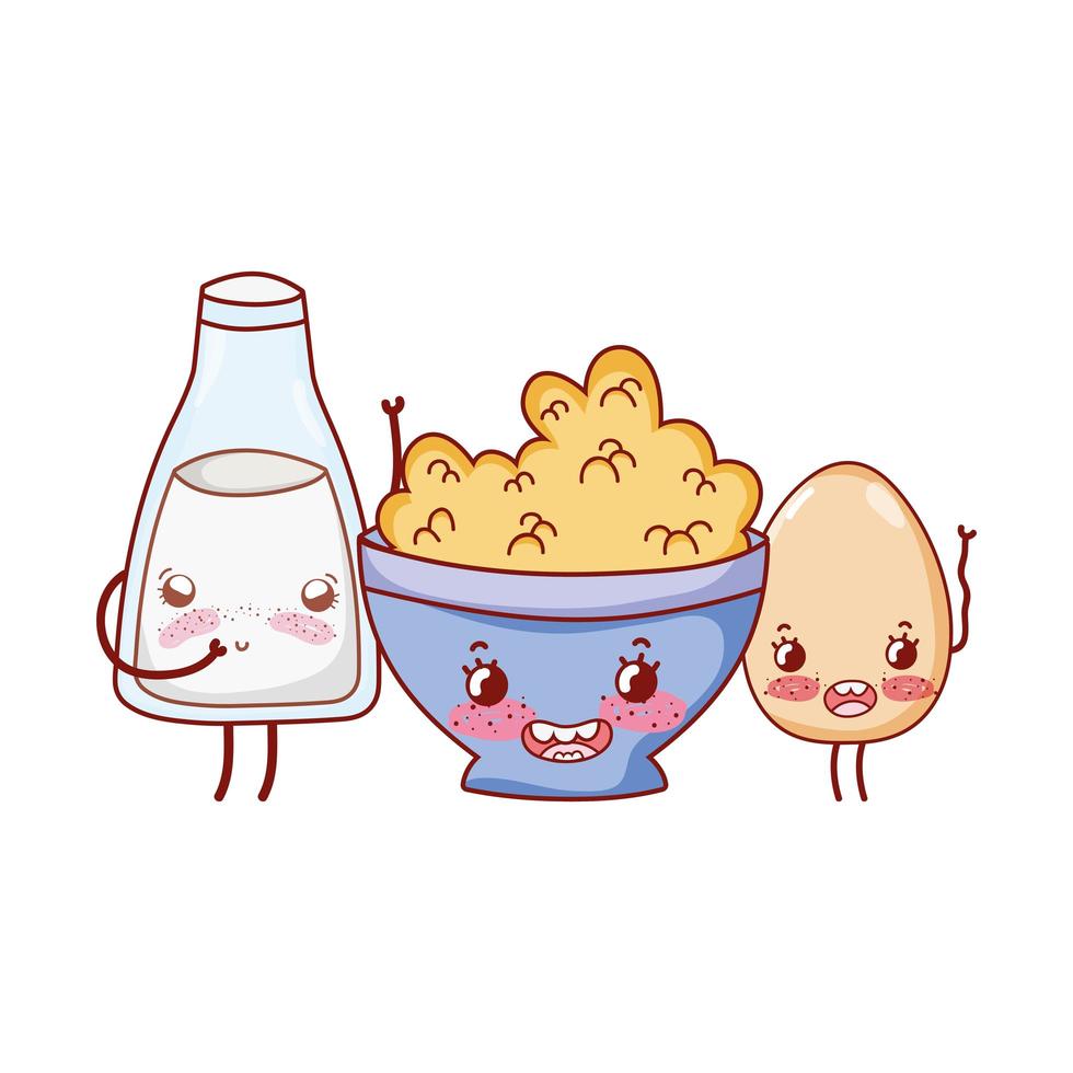 pequeno-almoço fofo ovo cozido cereal e leite desenho animado kawaii vetor