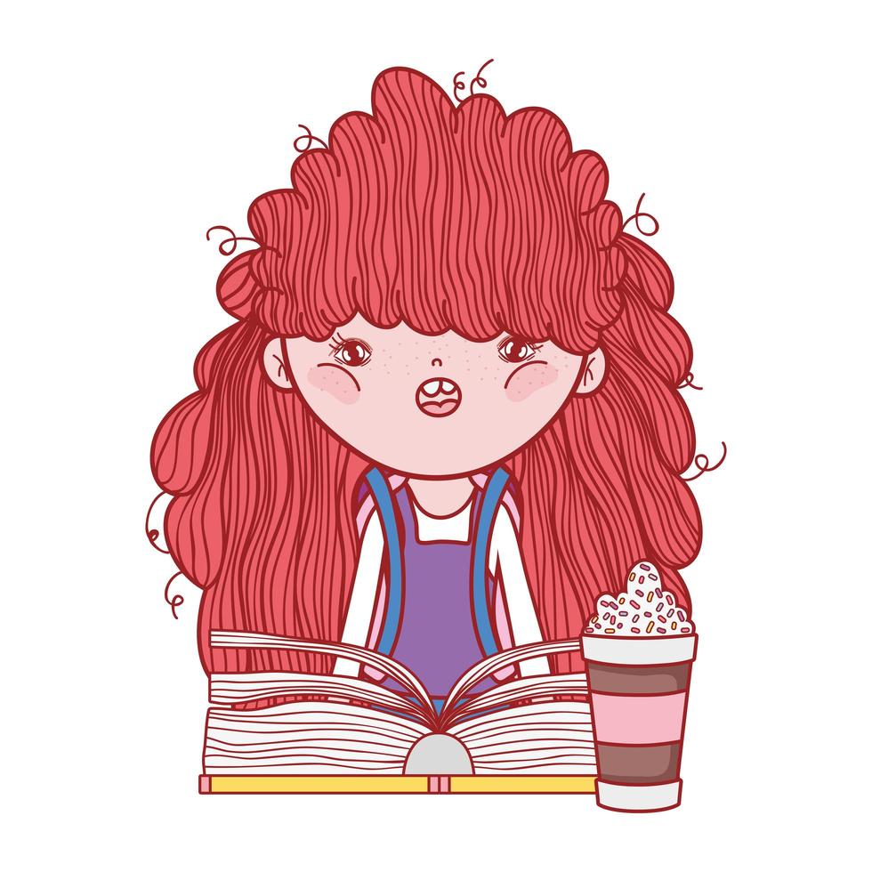 linda garota com cabelo vermelho com smoothie e desenho de livro vetor