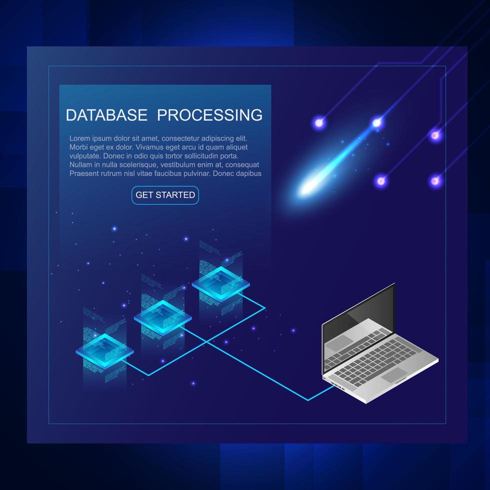 isométrico de servidor e conceito de processamento de dados, data center e banner de banco de dados vetor