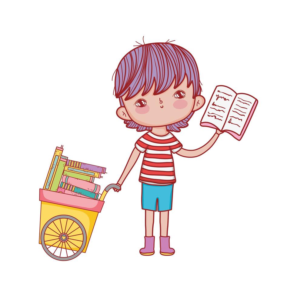 carrinho de mão de menino bonito com desenho isolado de livros vetor