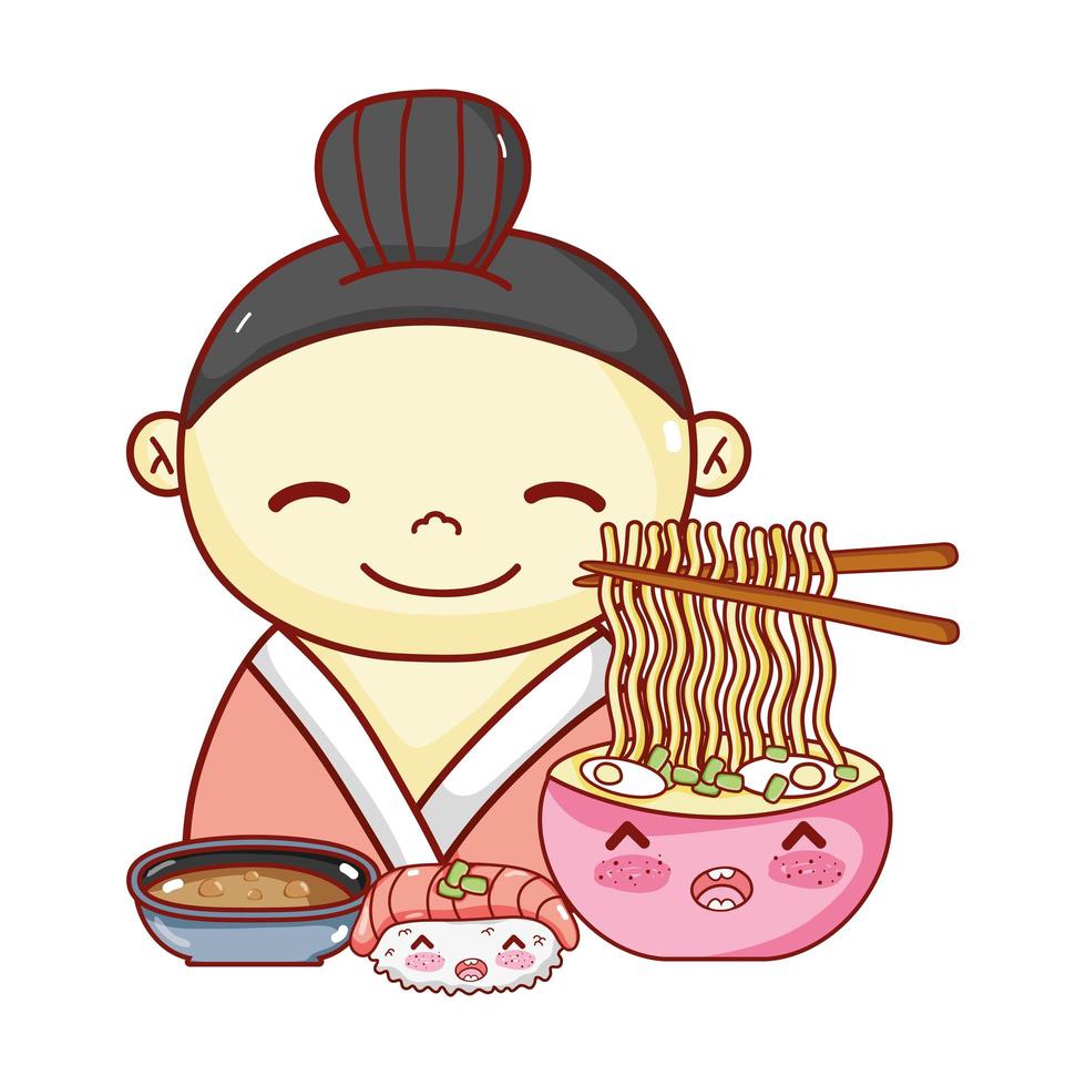 gueixa com macarrão sopa sushi e molho comida japonesa cartoon, sushi e pãezinhos vetor