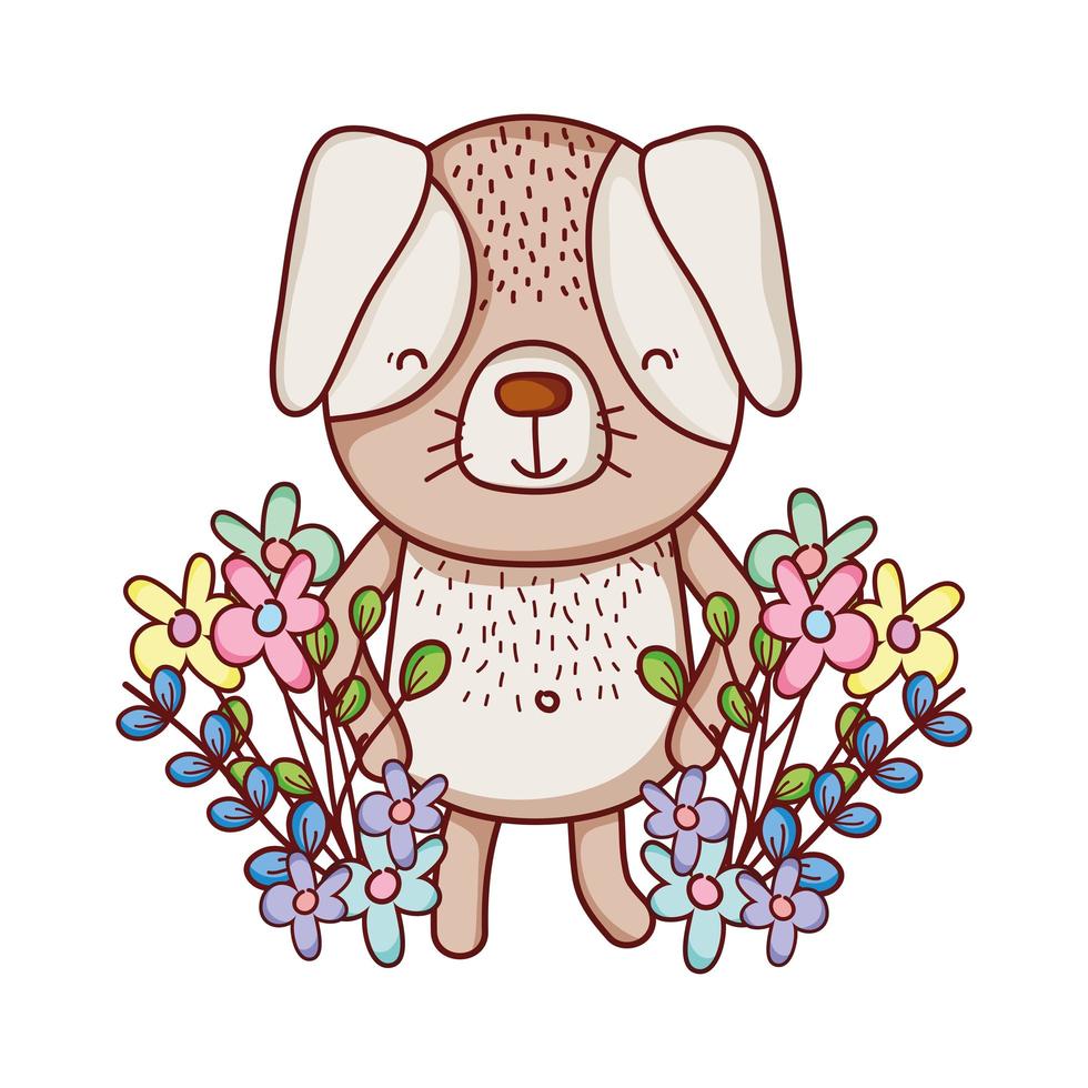 animais fofos, cãozinho flores folhas folhagem desenho animado vetor