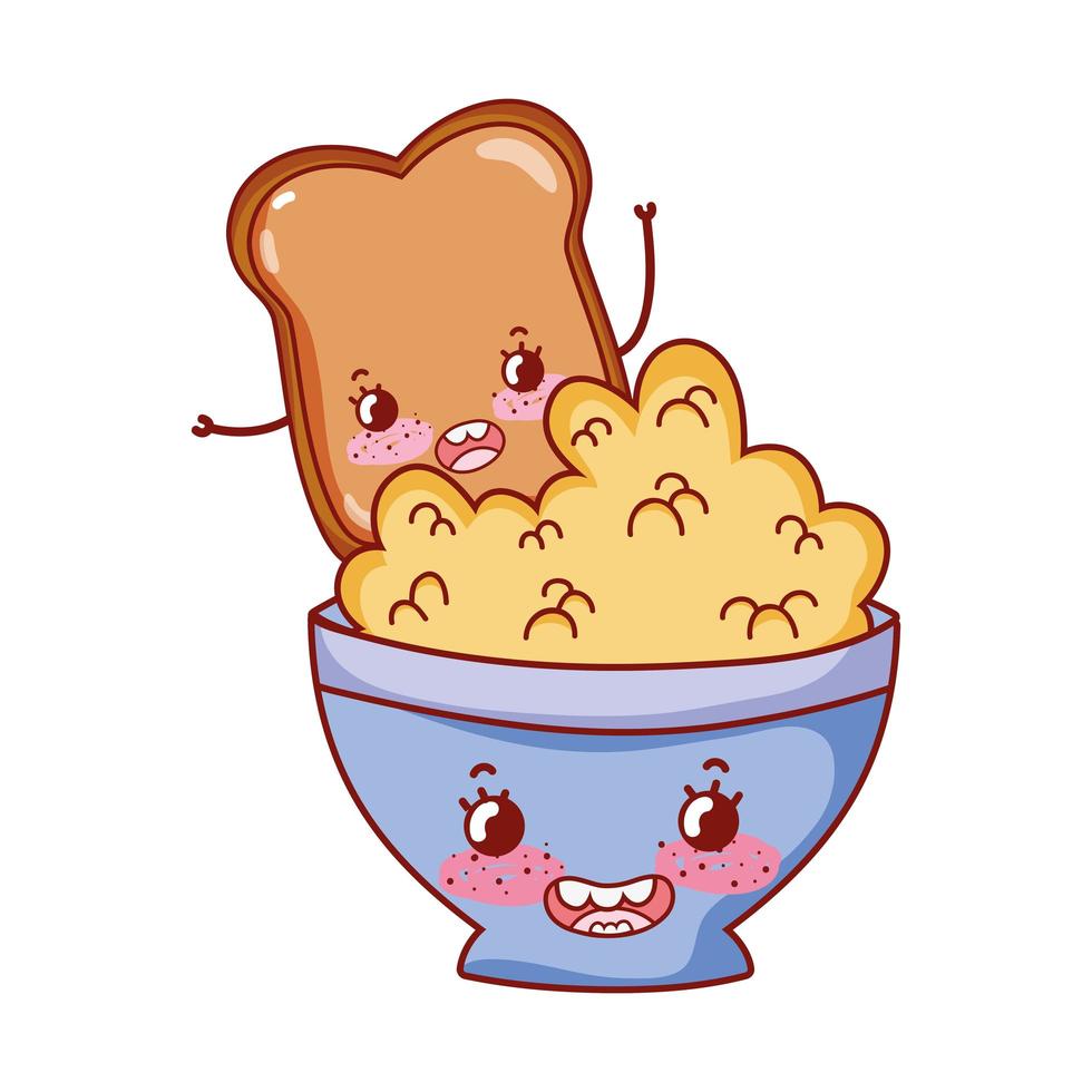 cereal fofo café da manhã em uma tigela e desenho de pão kawaii vetor