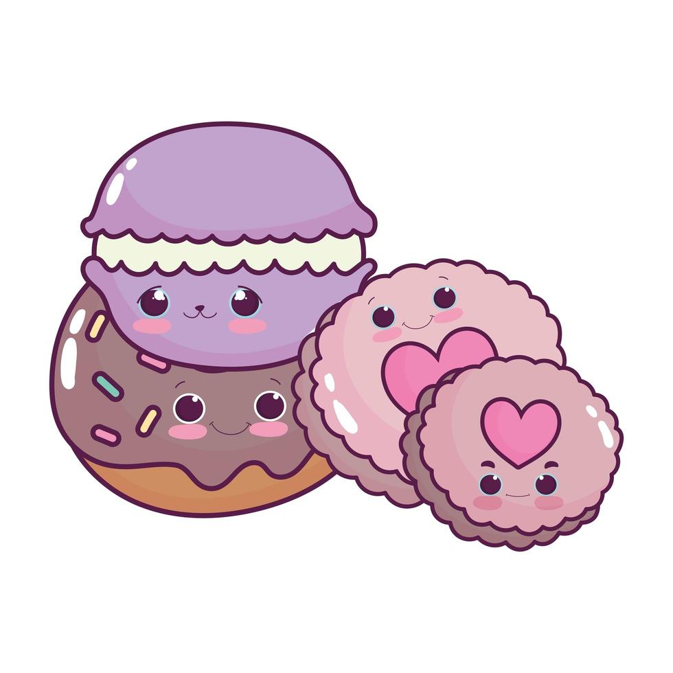 comida fofa donut de macaroon e biscoitos doce sobremesa pastelaria desenho isolado desenho vetor
