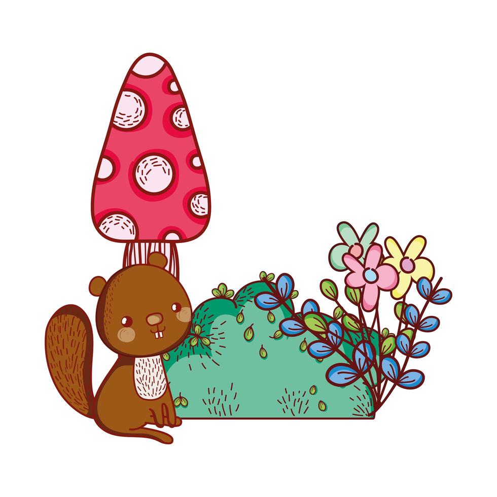 animais fofos, pequeno esquilo cogumelo flores folhagem desenho animado vetor