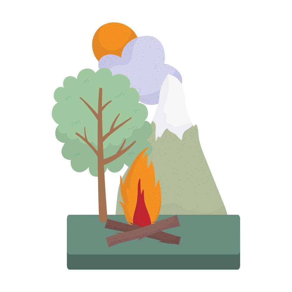 acampamento montanha fogueira árvores floresta sol nuvens desenho animado vetor