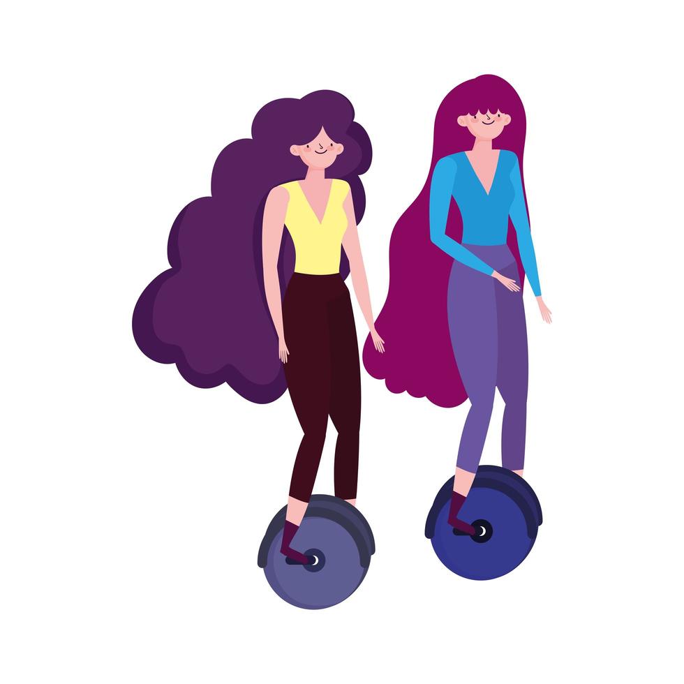 transporte ecológico, ícone isolado de mulheres jovens andando de monociclo vetor