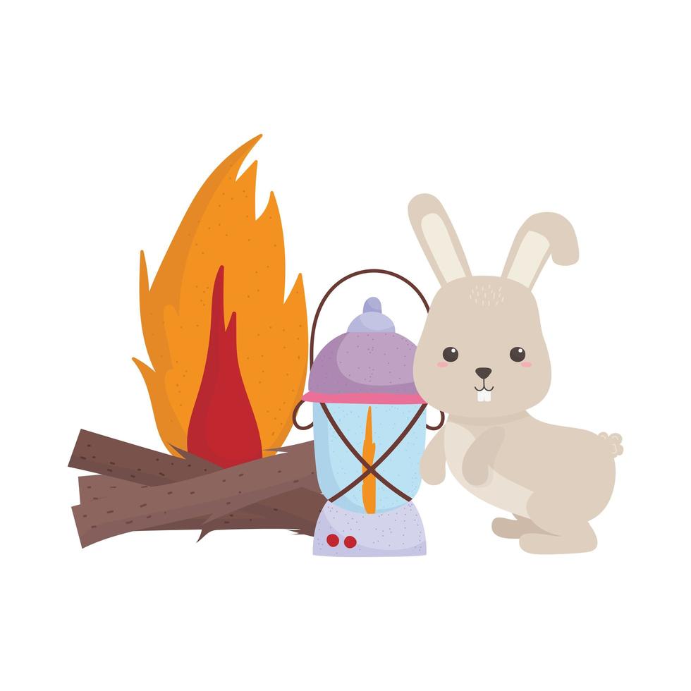 camping fofo coelho lanterna fogueira desenho animado ícone isolado vetor