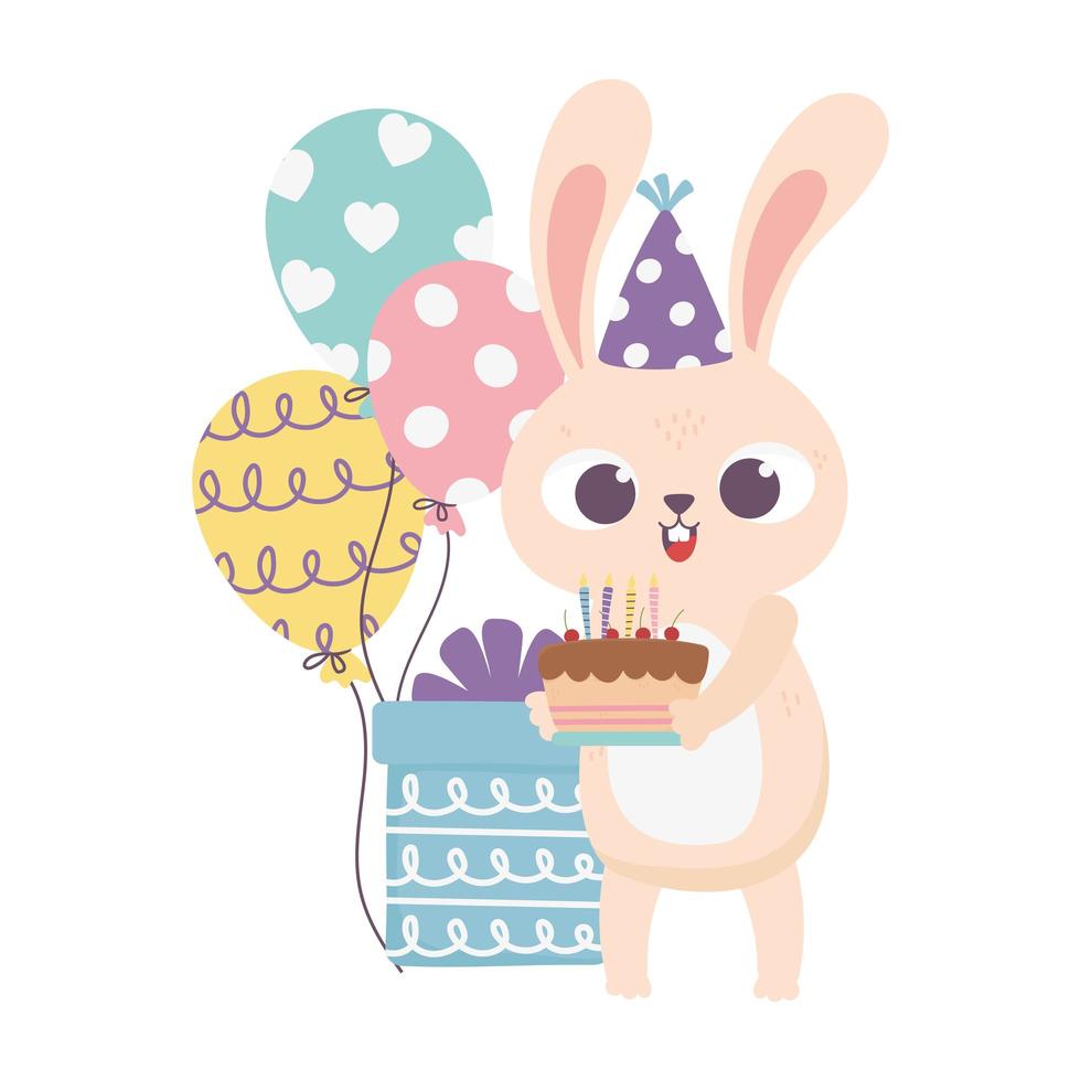 feliz dia, coelho com bolo de chapéu de festa e balões vetor
