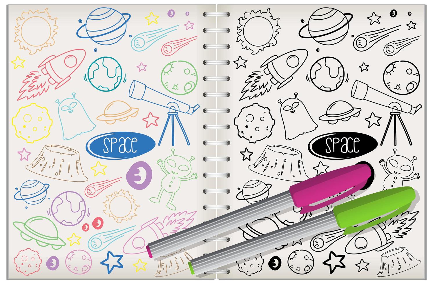 conjunto de elemento de espaço doodle no notebook vetor