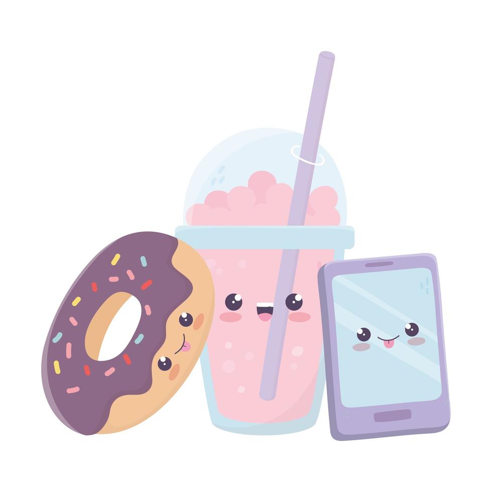 donut para smartphone e personagem de desenho animado kawaii vetor