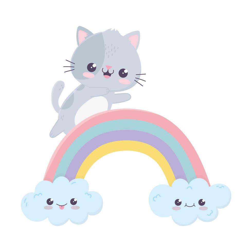 gatinho fofo arco-íris nuvens personagem de desenho animado kawaii vetor