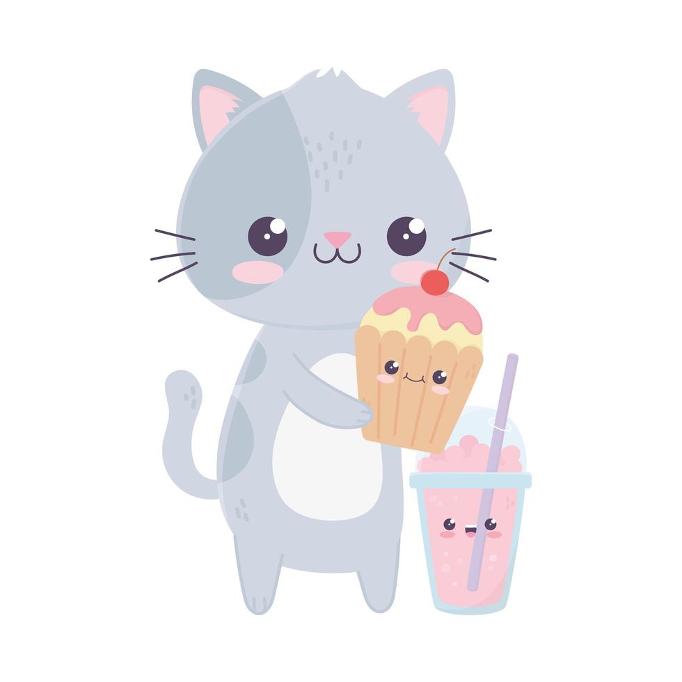 gato fofo com cupcake e personagem de desenho animado kawaii vetor