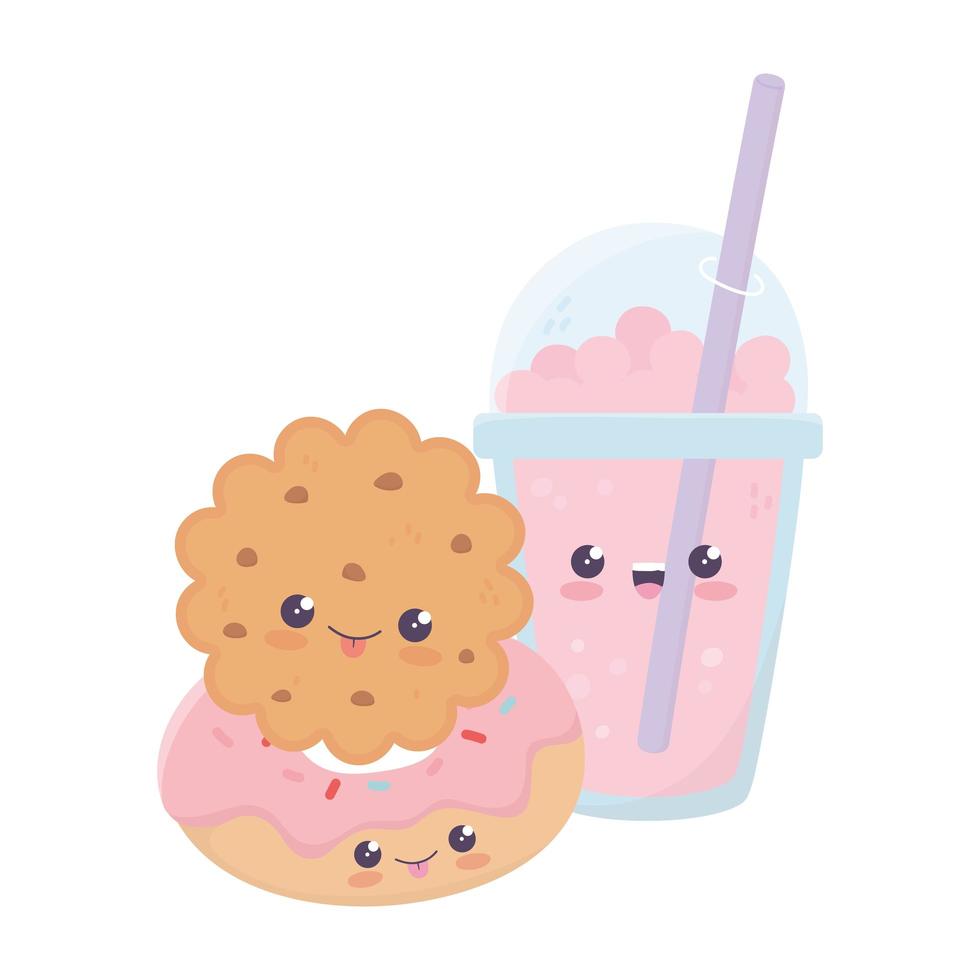personagem de desenho animado kawaii de biscoito fofo e milk-shake de donut vetor