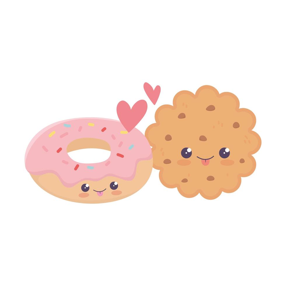 biscoito fofo e donut amor corações personagem de desenho animado kawaii vetor
