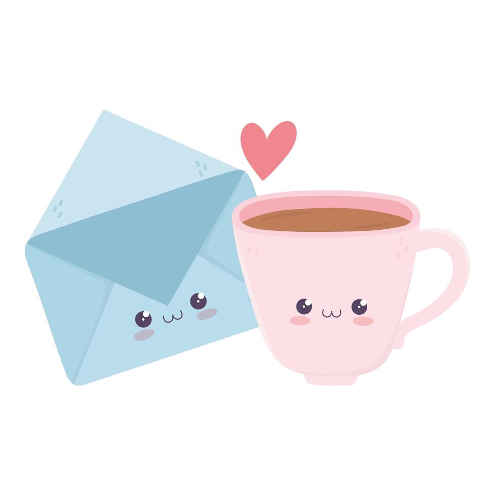 xícara de café fofa e envelope de correio amor personagem de desenho animado kawaii vetor