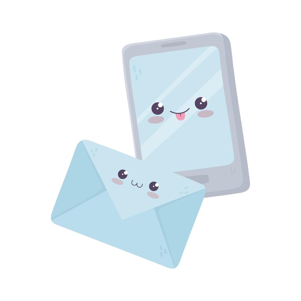 Smartphone kawaii e envelope mensagem ícone isolado bonito dos desenhos animados vetor