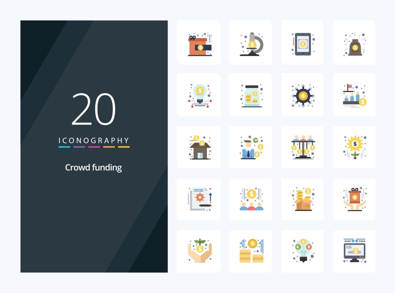 20 ícones de cores planas de crowdfunding para apresentação vetor