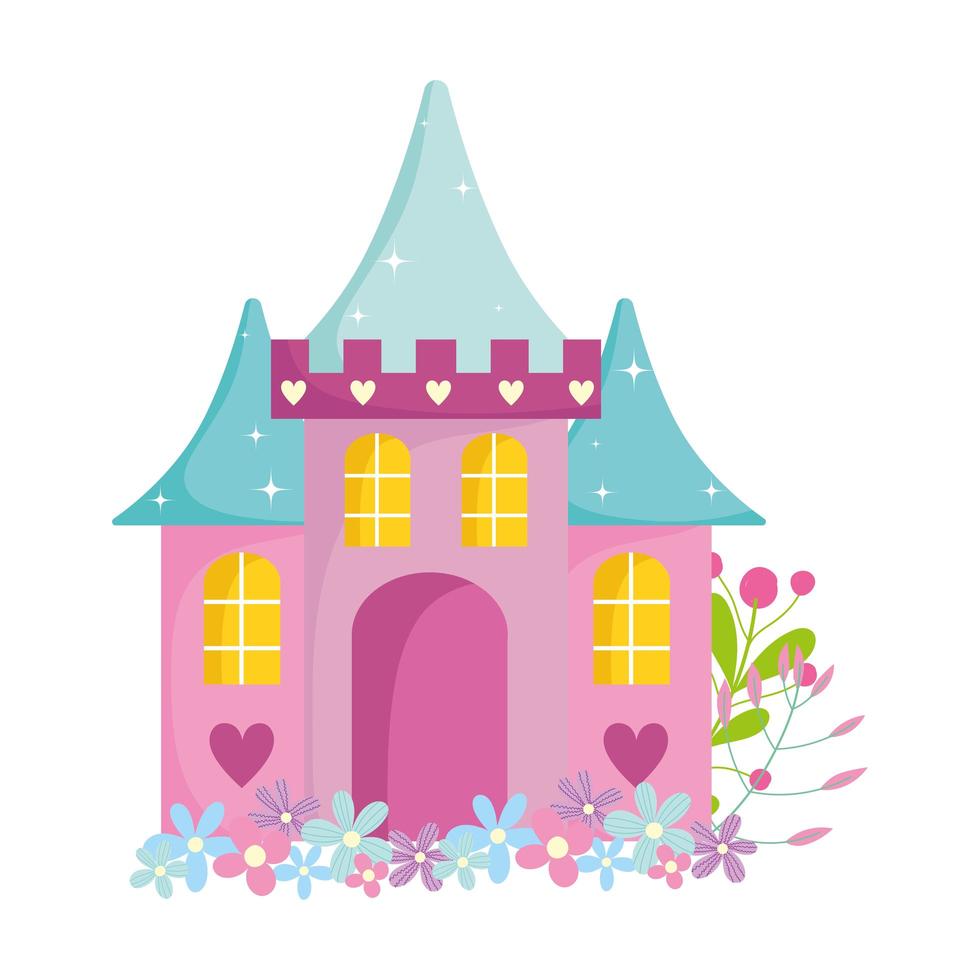 cartoon castelo conto de fadas flores corações decoração isolado ícone design vetor