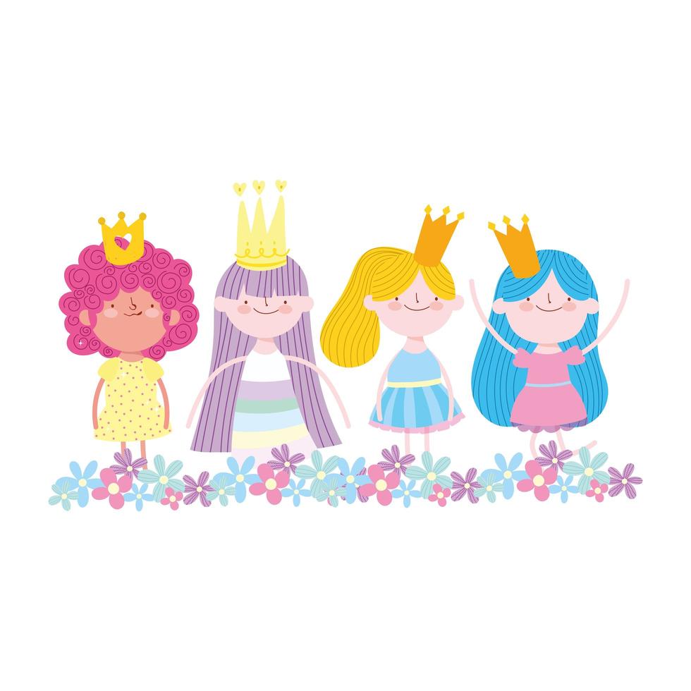 personagem de princesas pequenas fadas com desenho de conto de flores da coroa vetor