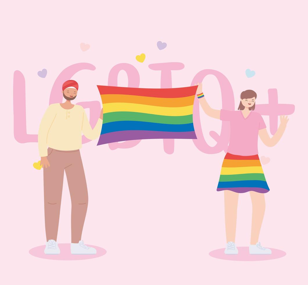 comunidade LGBTQ, diversidade de homens e mulheres com bandeira do arco-íris, desfile gay de protesto contra discriminação sexual vetor