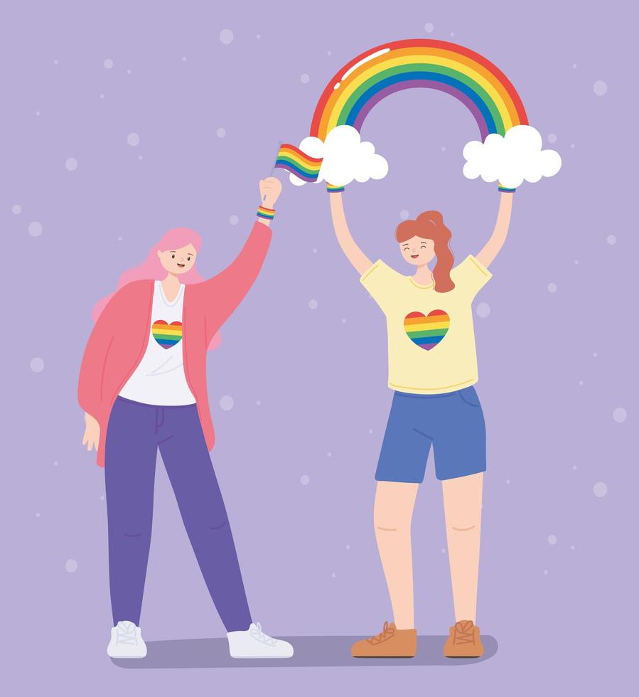 comunidade LGBTQ, mulheres lésbicas com arco-íris e bandeira, desfile gay de protesto contra discriminação sexual vetor