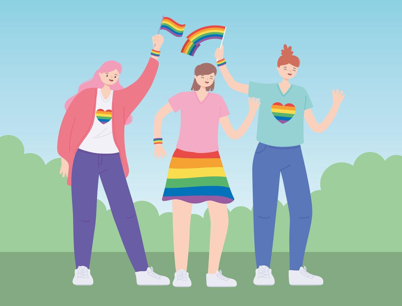 comunidade LGBTQ, mulheres jovens com bandeira do arco-íris, desfile gay de protesto contra discriminação sexual vetor