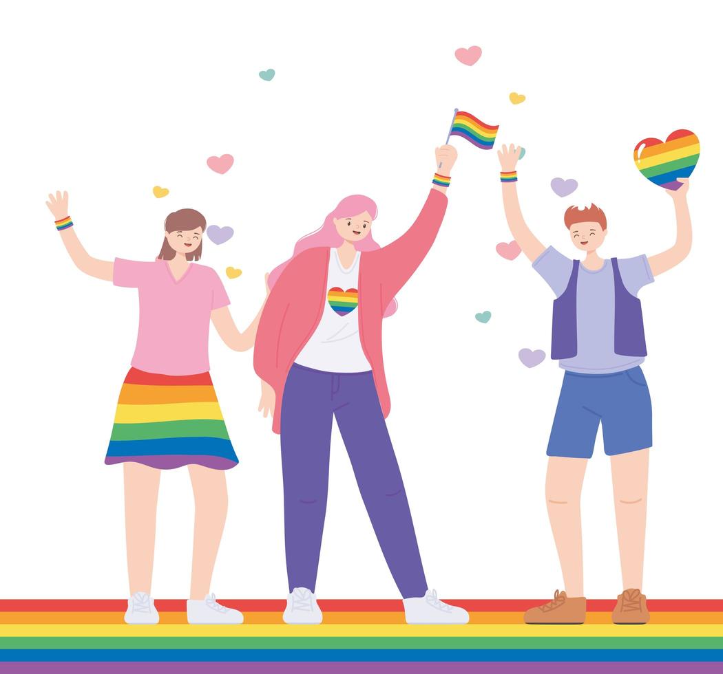 comunidade LGBTQ, celebrando o grupo feminino com coração e bandeira do arco-íris, desfile gay de protesto contra discriminação sexual vetor