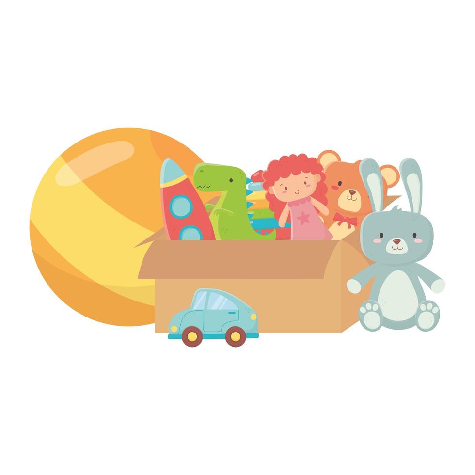 caixa de papelão de brinquedos infantis cheia de boneca urso foguete bola de dinossauro e objeto de carro vetor